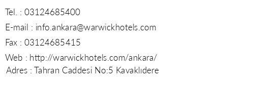Warwick Ankara telefon numaralar, faks, e-mail, posta adresi ve iletiim bilgileri